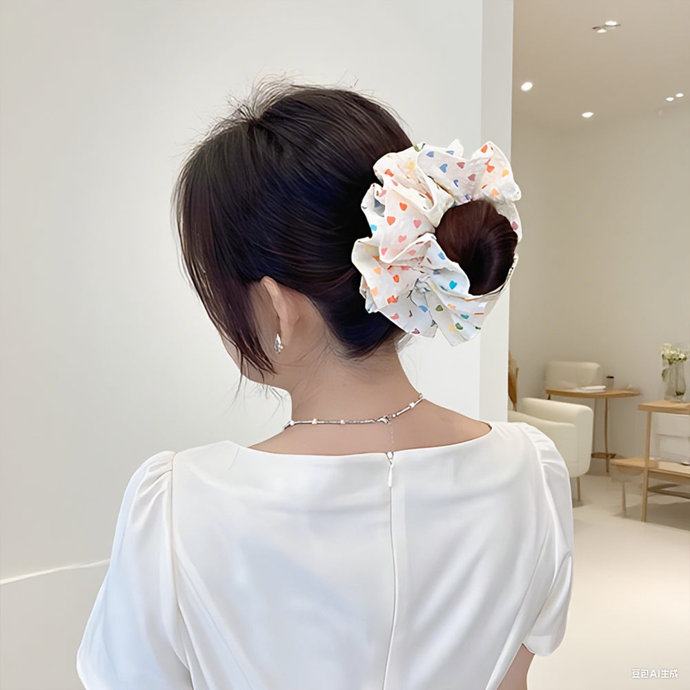Cute Floral Chiffon Lace Hair Scrunchies | Colorful Hearts / Floral Lace / Pearl Accents