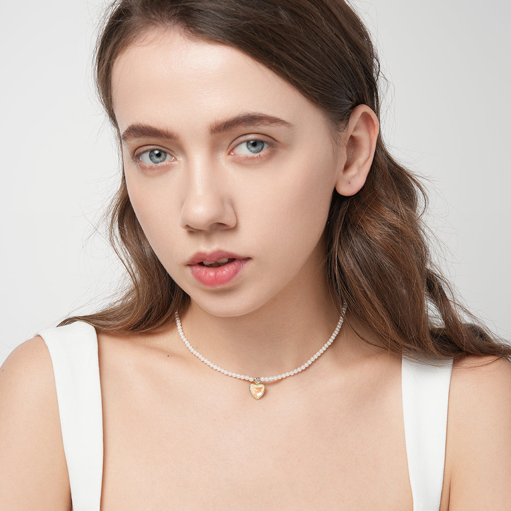 Love heart pearl beaded necklace all-match light luxury clavicle chain
