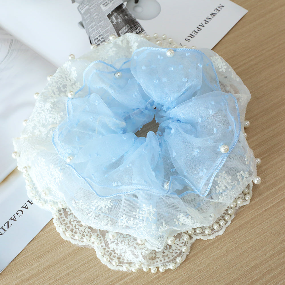 Cute Floral Chiffon Lace Hair Scrunchies | Colorful Hearts / Floral Lace / Pearl Accents