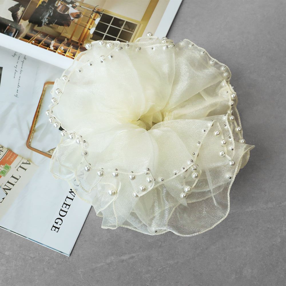 Cute Floral Chiffon Lace Hair Scrunchies | Colorful Hearts / Floral Lace / Pearl Accents