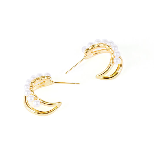 Commuter Double Layer C Circle Light Luxury Pearl Earrings