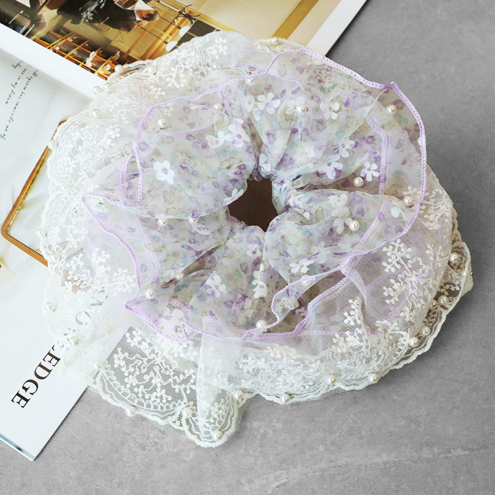 Cute Floral Chiffon Lace Hair Scrunchies | Colorful Hearts / Floral Lace / Pearl Accents