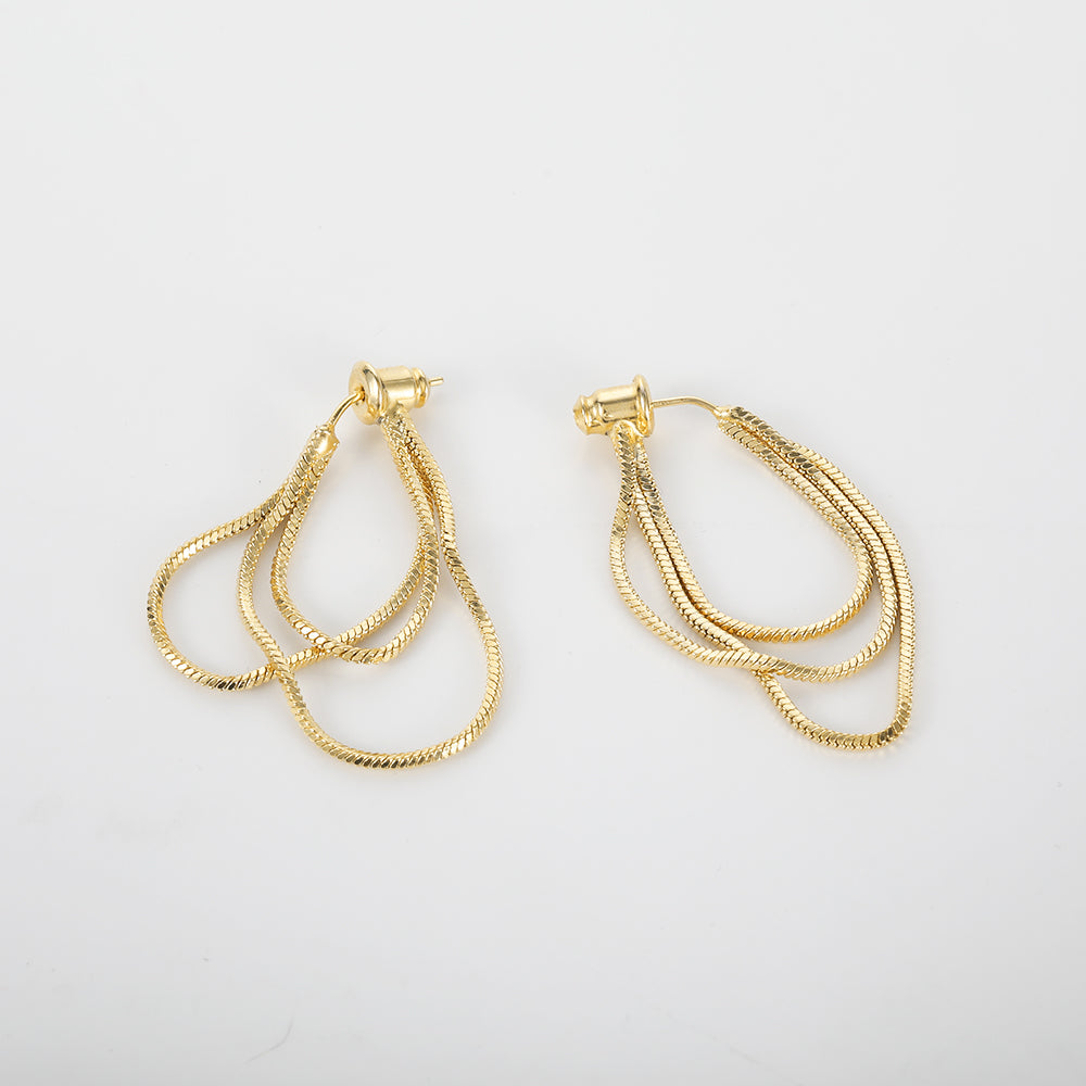 Metallic style three-layer chain tassel earrings