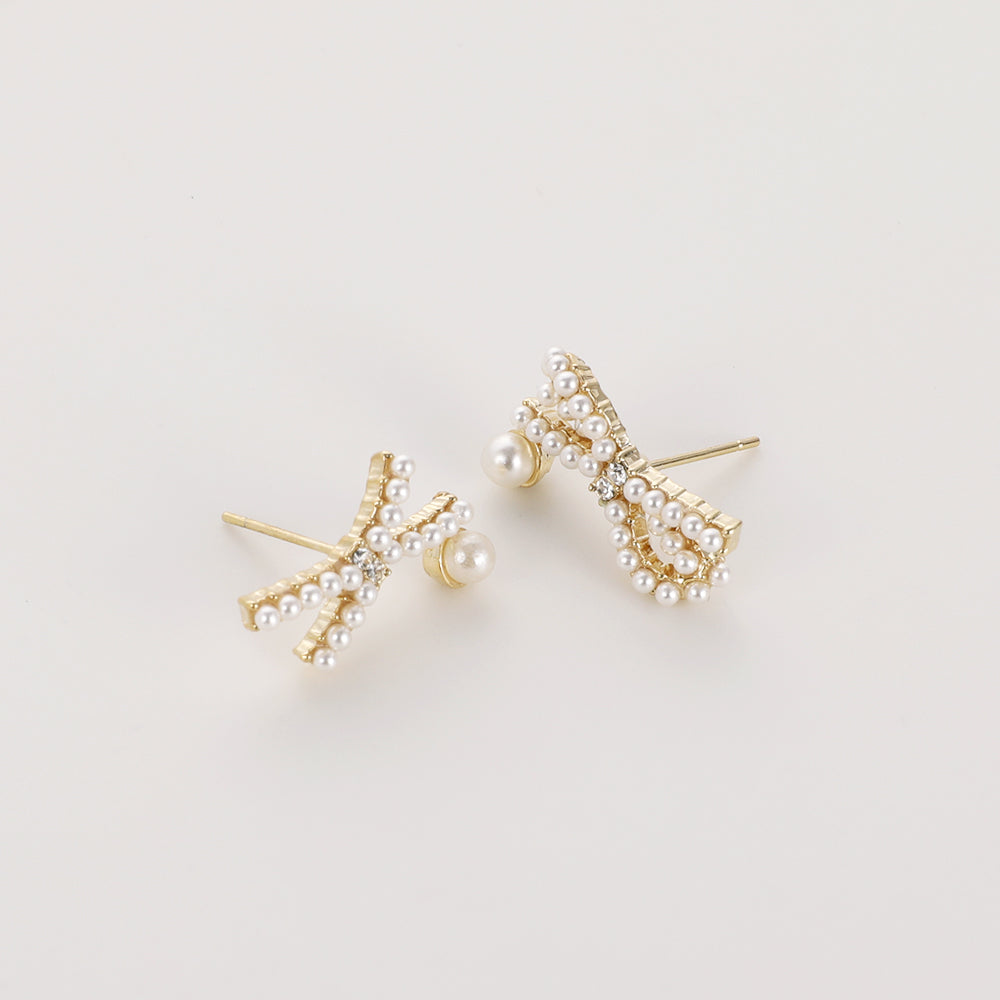 Fashionable 925 silver needle cross mini pearl butterfly earrings