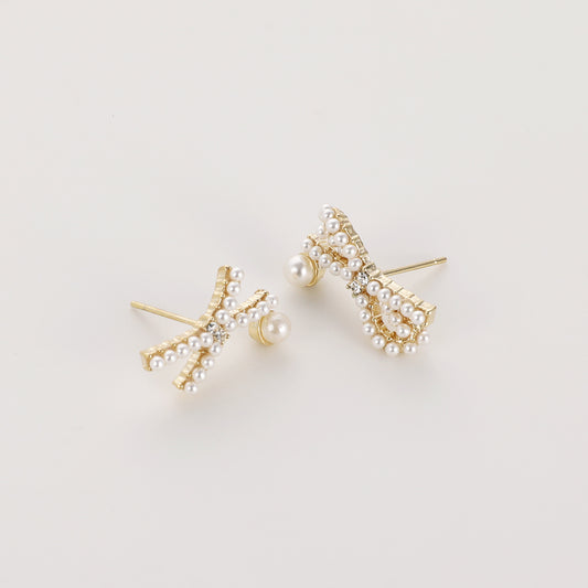 Fashionable 925 silver needle cross mini pearl butterfly earrings