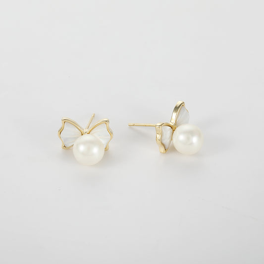 925 silver needle pearl bow temperament light luxury earrings