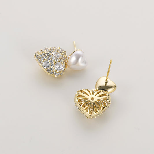 925 Silver Needle Light Luxury Micro-Paved Sparkling Diamond Pearl Heart Earrings