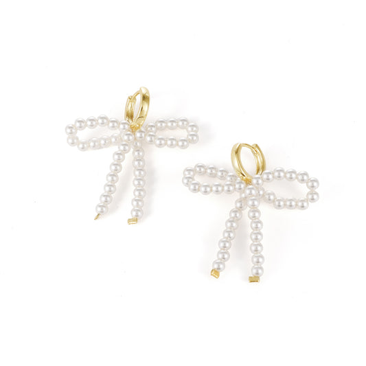 Lady-style bow-knot gentle girl pearl earrings