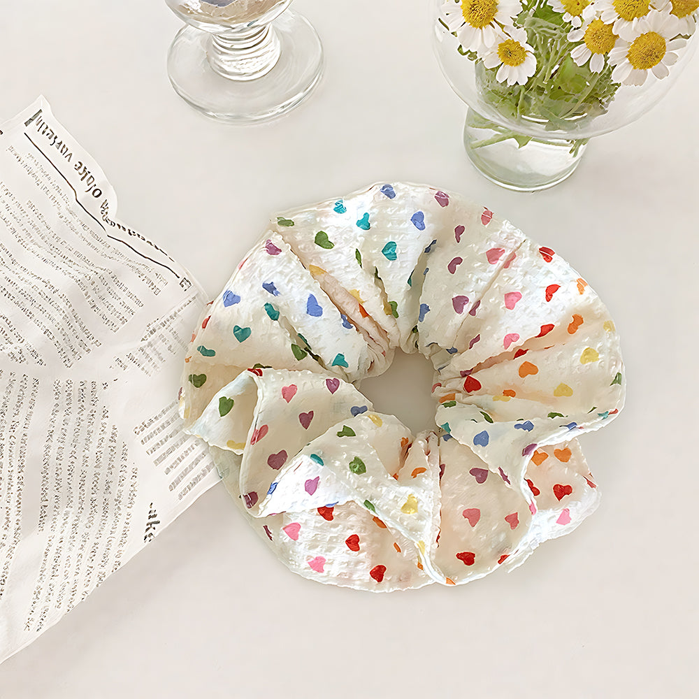 Cute Floral Chiffon Lace Hair Scrunchies | Colorful Hearts / Floral Lace / Pearl Accents