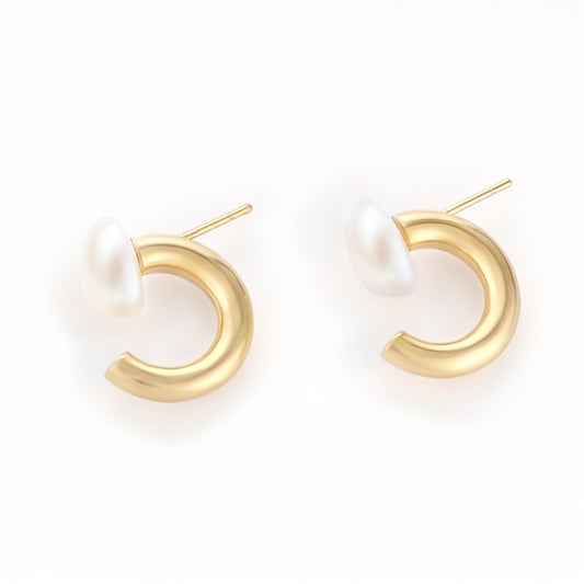 925 Silver Needle C-Shaped Hoop Pearl Earrings