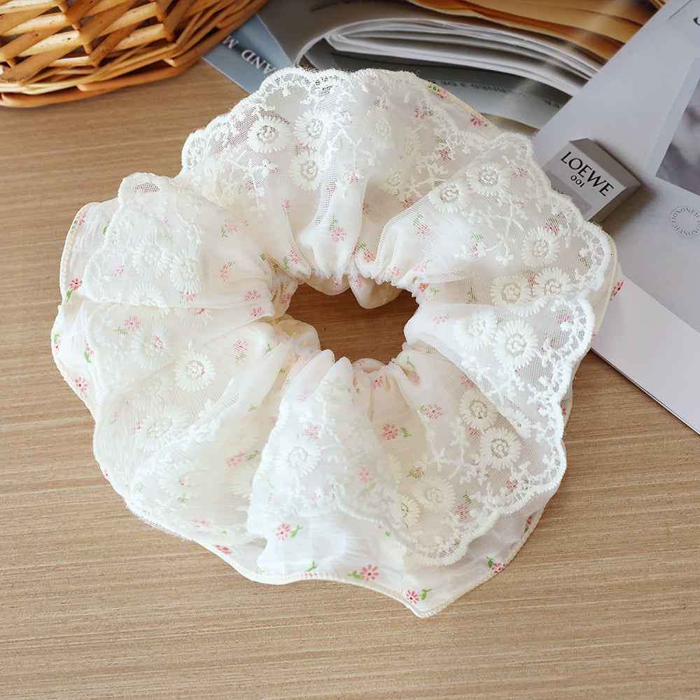 Cute Floral Chiffon Lace Hair Scrunchies | Colorful Hearts / Floral Lace / Pearl Accents