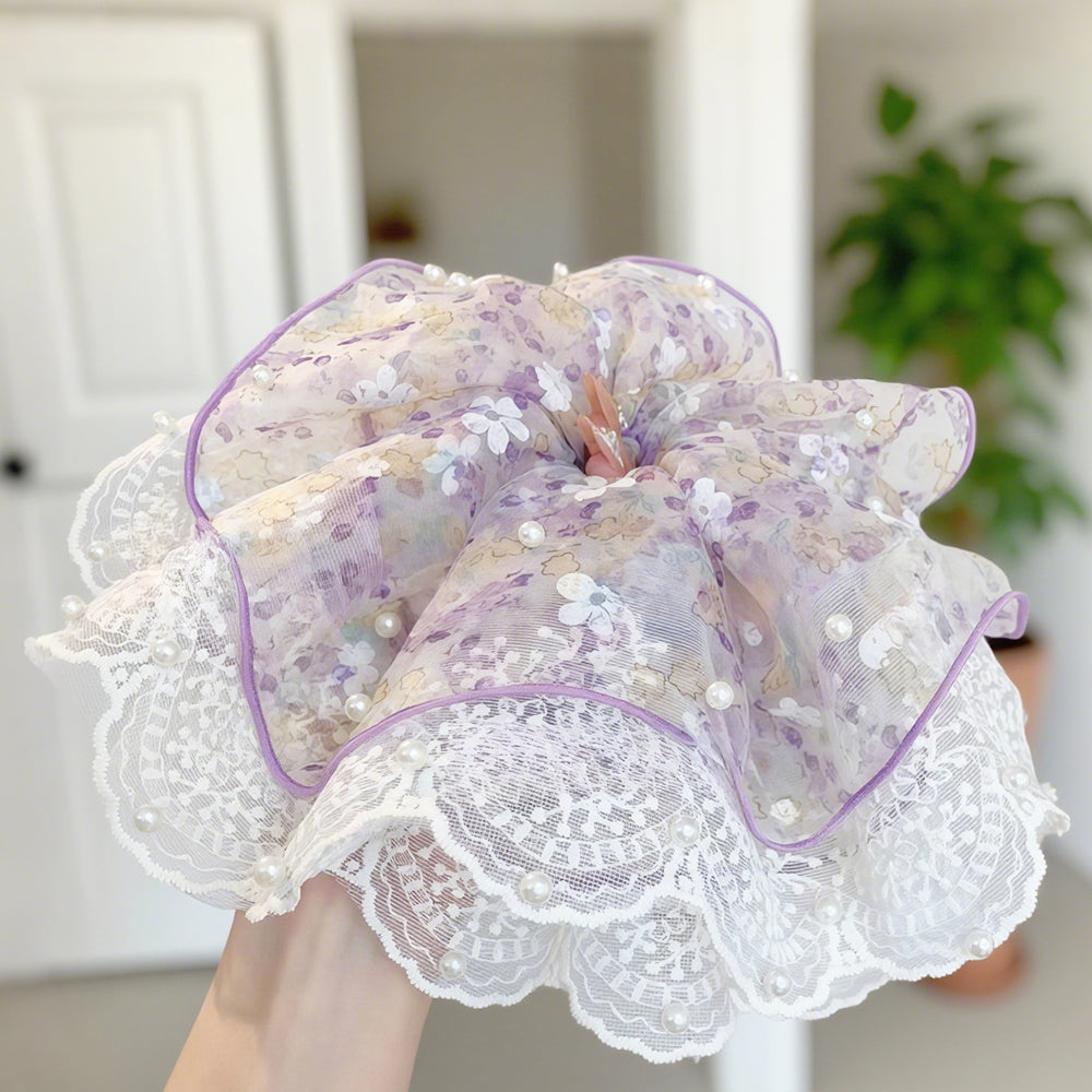 Cute Floral Chiffon Lace Hair Scrunchies | Colorful Hearts / Floral Lace / Pearl Accents