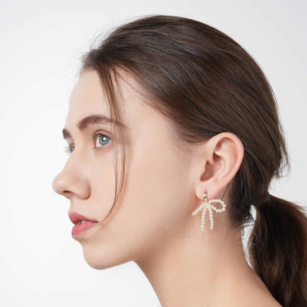 Lady-style bow-knot gentle girl pearl earrings