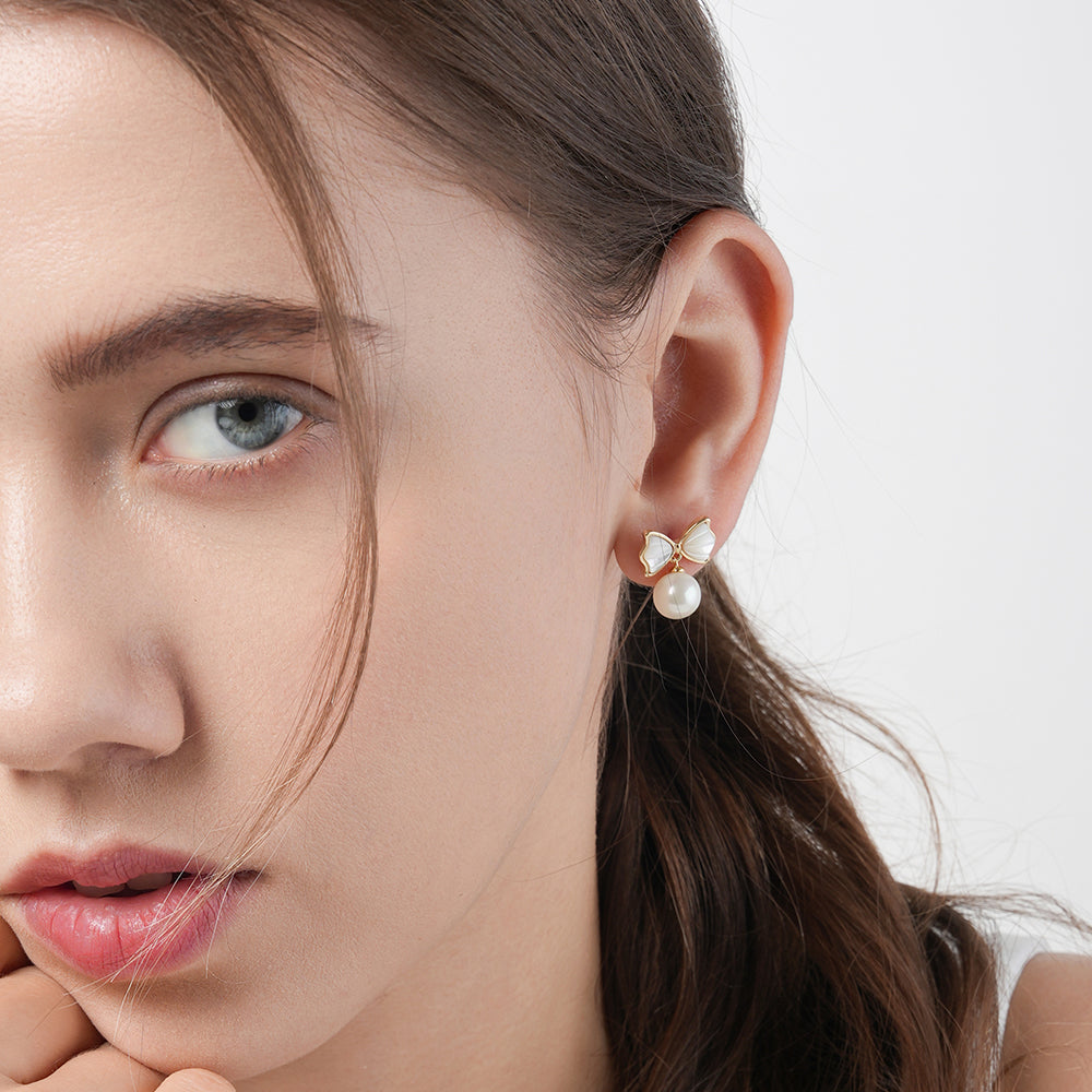 925 silver needle pearl bow temperament light luxury earrings