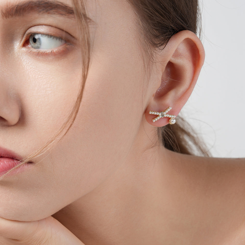 Fashionable 925 silver needle cross mini pearl butterfly earrings