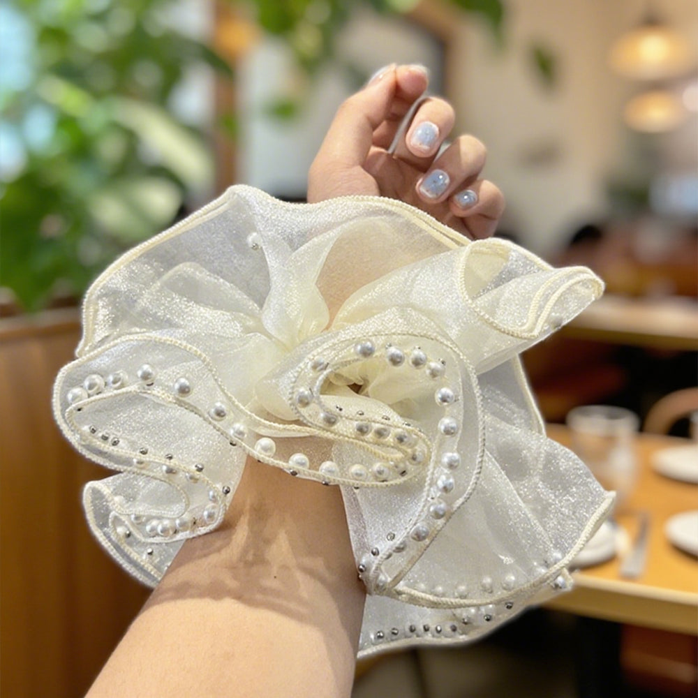 Cute Floral Chiffon Lace Hair Scrunchies | Colorful Hearts / Floral Lace / Pearl Accents