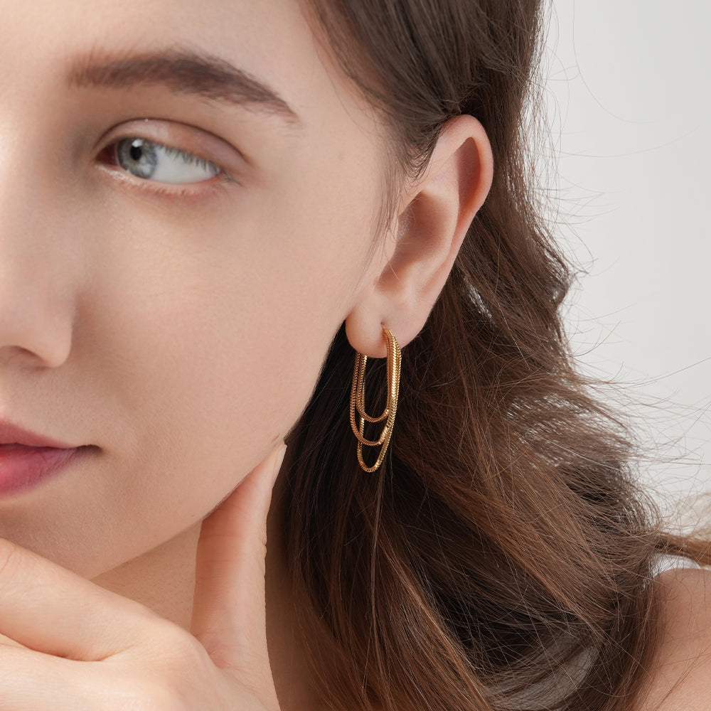 Metallic style three-layer chain tassel earrings