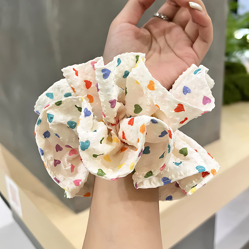 Cute Floral Chiffon Lace Hair Scrunchies | Colorful Hearts / Floral Lace / Pearl Accents