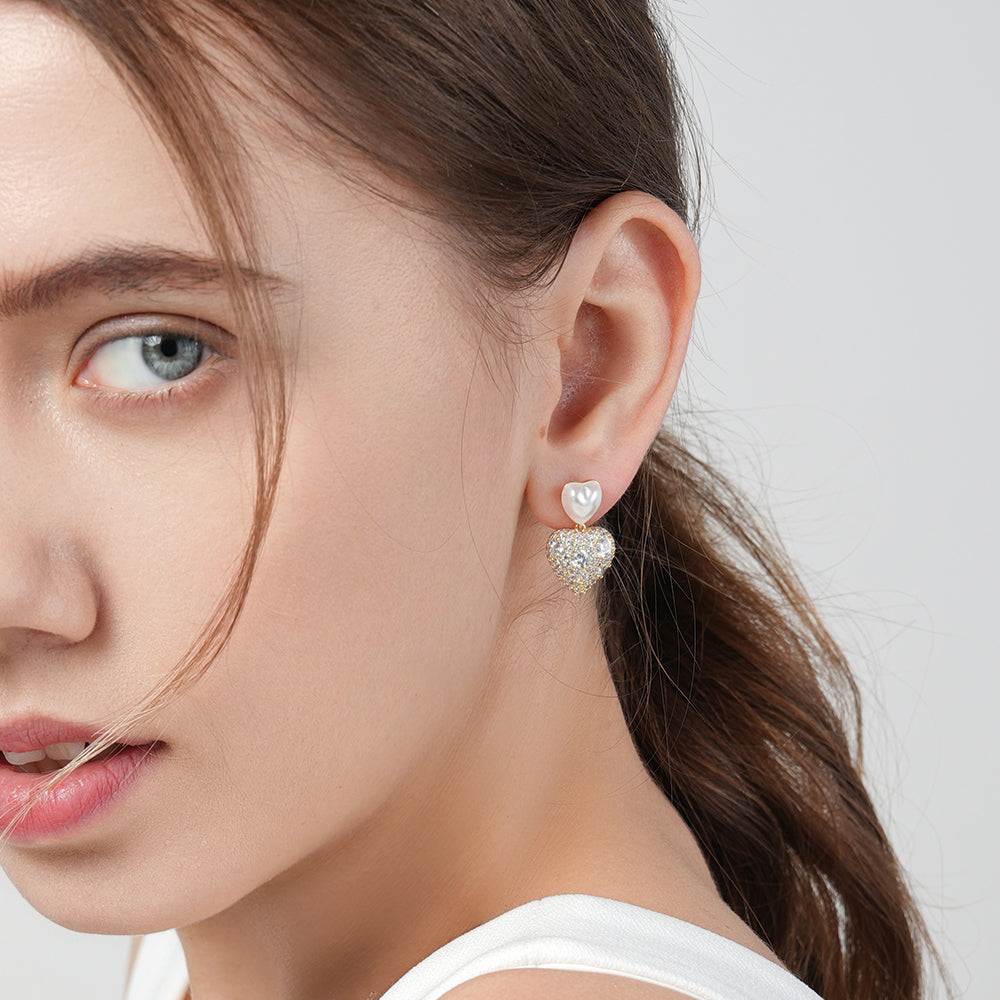 925 Silver Needle Light Luxury Micro-Paved Sparkling Diamond Pearl Heart Earrings