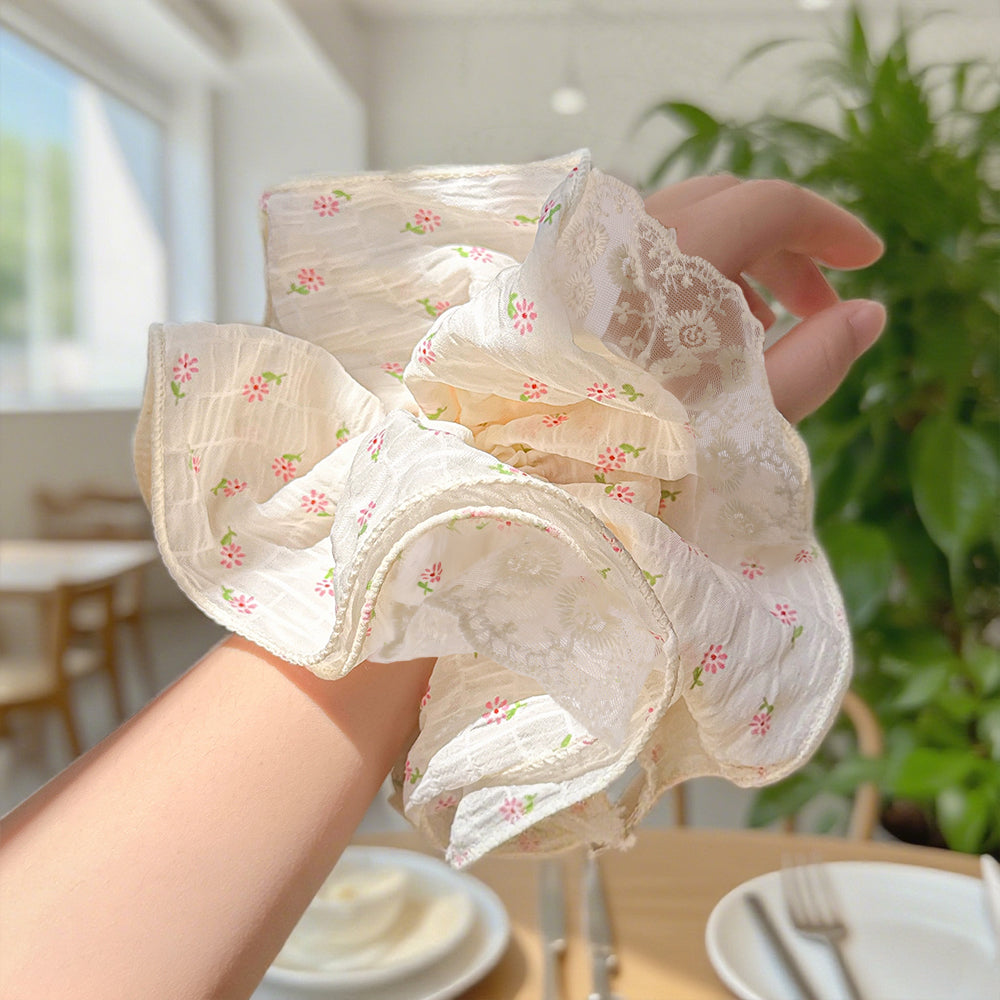 Cute Floral Chiffon Lace Hair Scrunchies | Colorful Hearts / Floral Lace / Pearl Accents