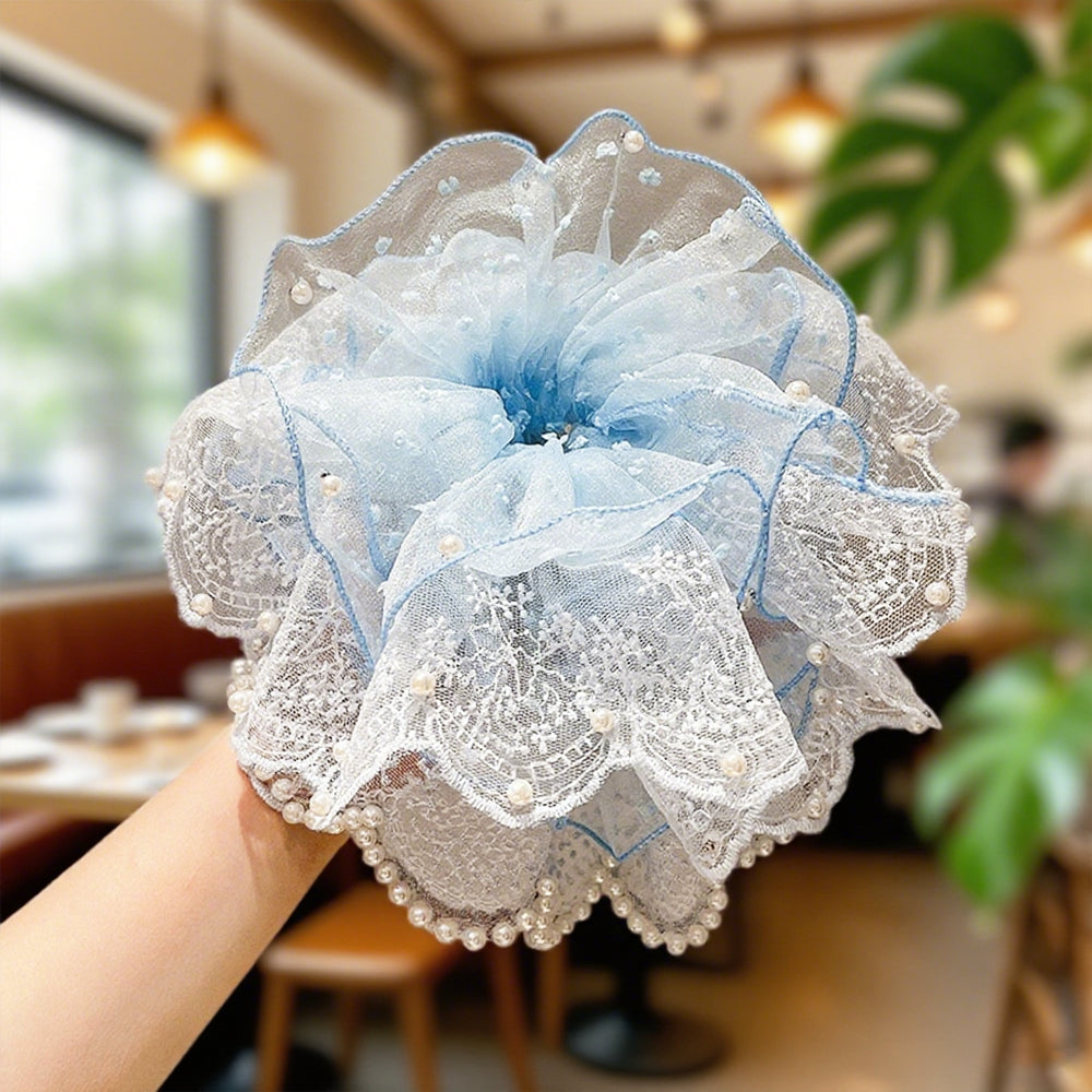 Cute Floral Chiffon Lace Hair Scrunchies | Colorful Hearts / Floral Lace / Pearl Accents