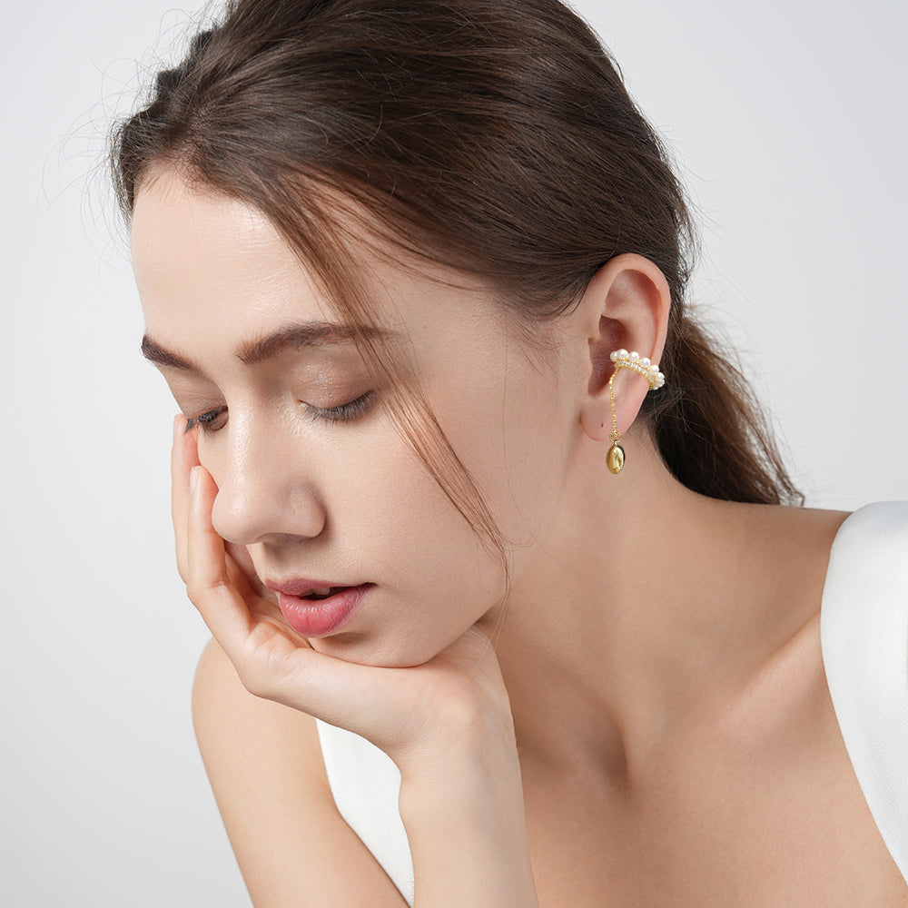 Tassel Heart Pendant Temperament Pearl Double Layer Exquisite Ear Clip