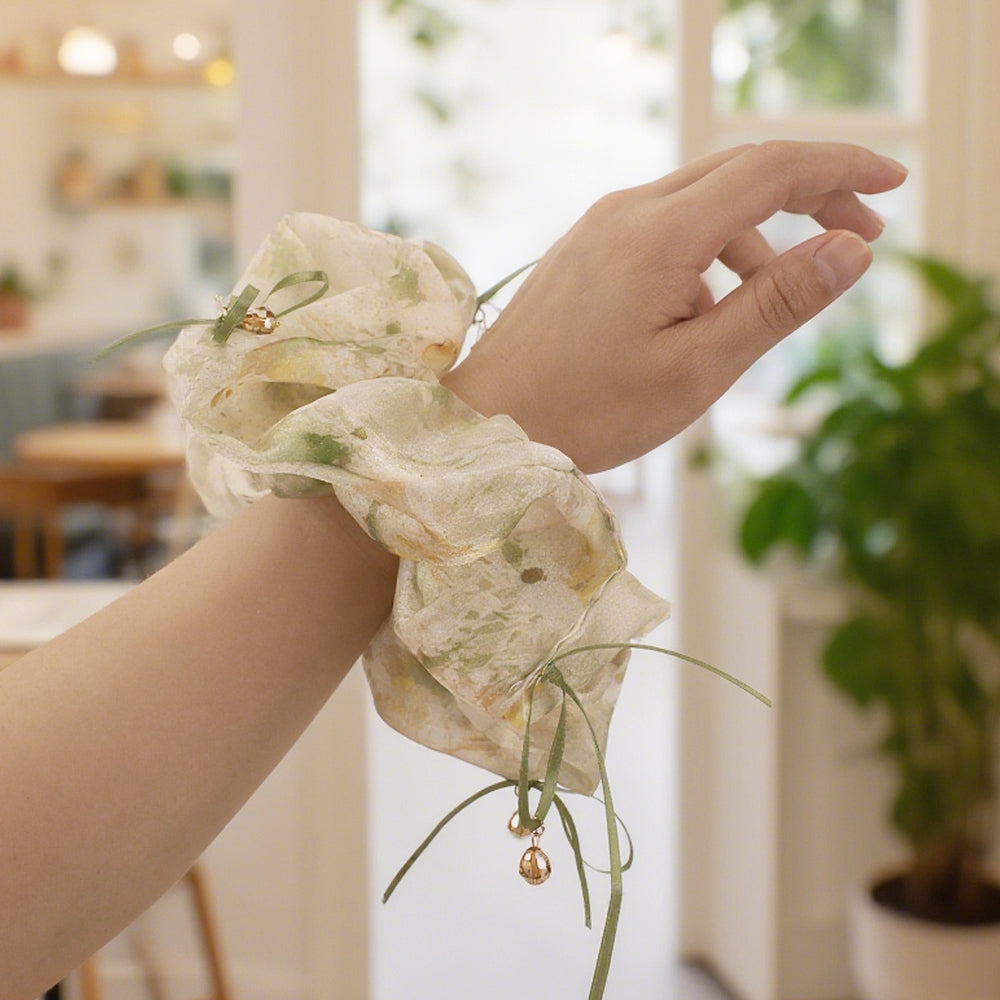 Cute Floral Chiffon Lace Hair Scrunchies | Colorful Hearts / Floral Lace / Pearl Accents