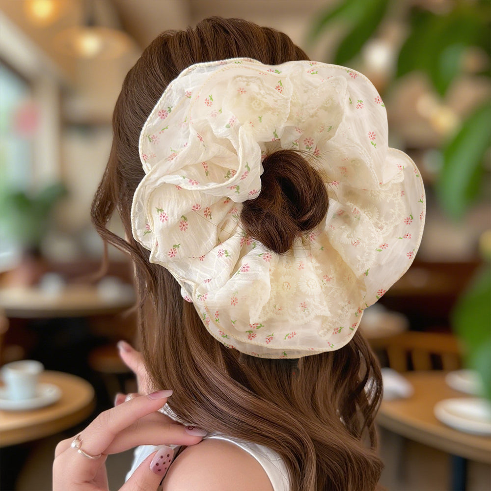 Cute Floral Chiffon Lace Hair Scrunchies | Colorful Hearts / Floral Lace / Pearl Accents