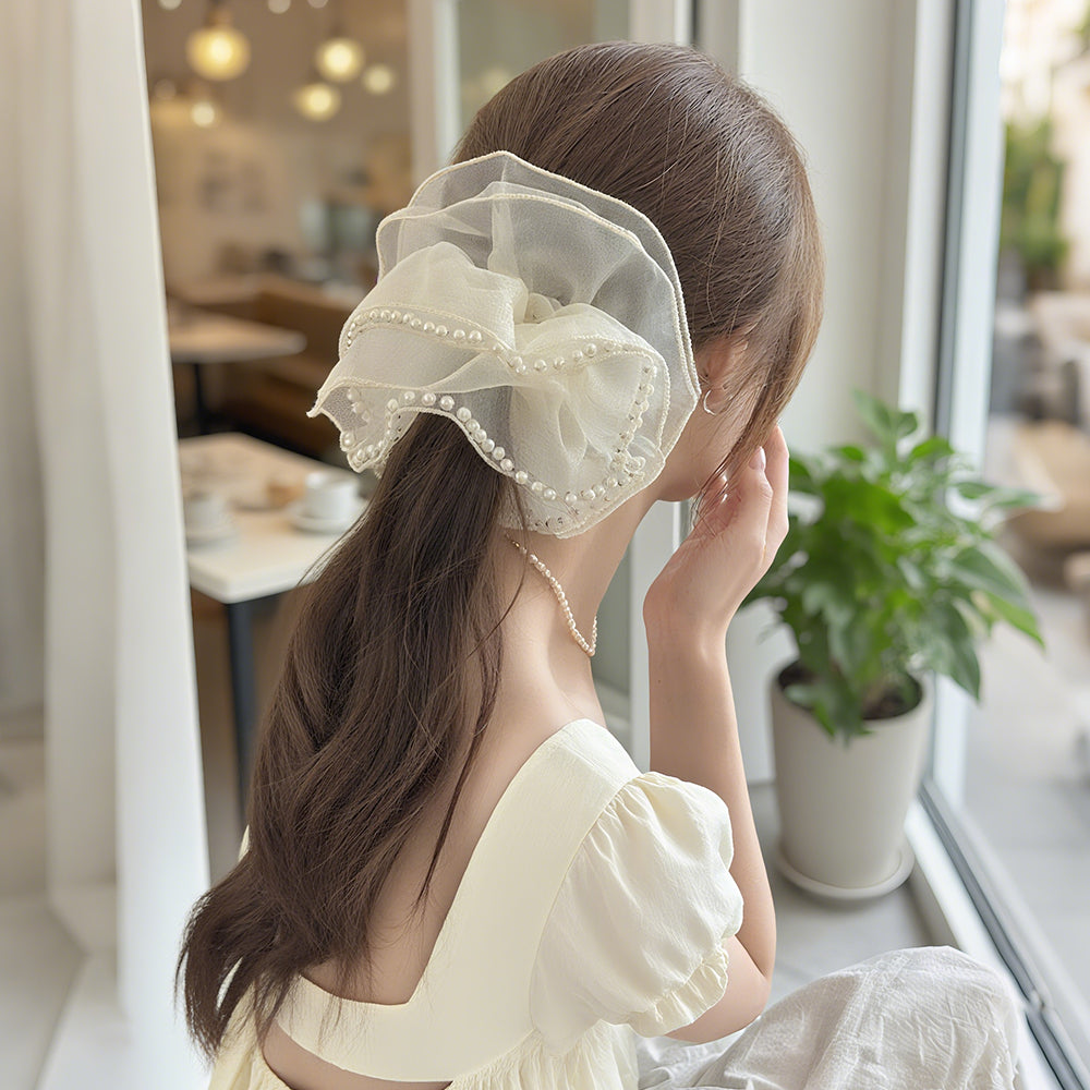 Cute Floral Chiffon Lace Hair Scrunchies | Colorful Hearts / Floral Lace / Pearl Accents