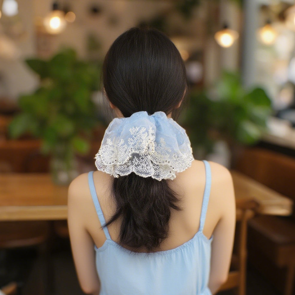 Cute Floral Chiffon Lace Hair Scrunchies | Colorful Hearts / Floral Lace / Pearl Accents