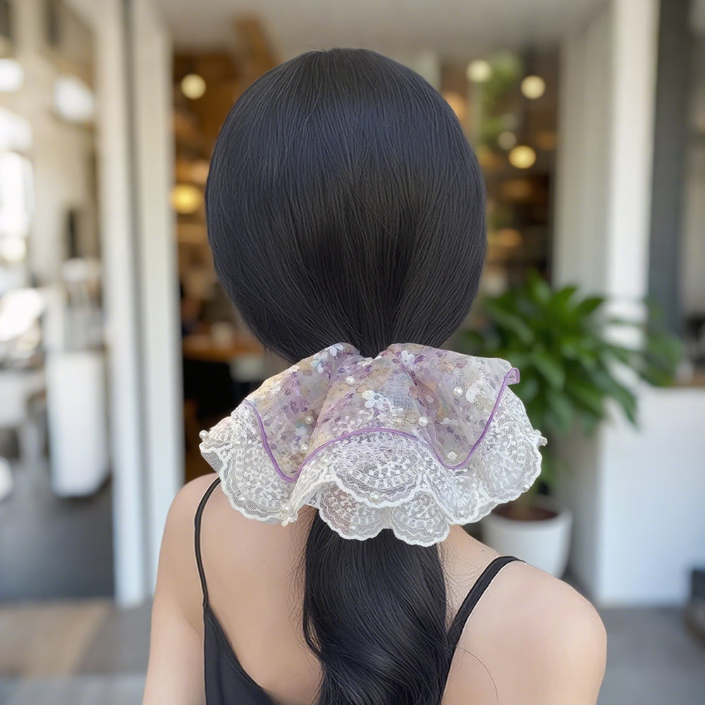 Cute Floral Chiffon Lace Hair Scrunchies | Colorful Hearts / Floral Lace / Pearl Accents