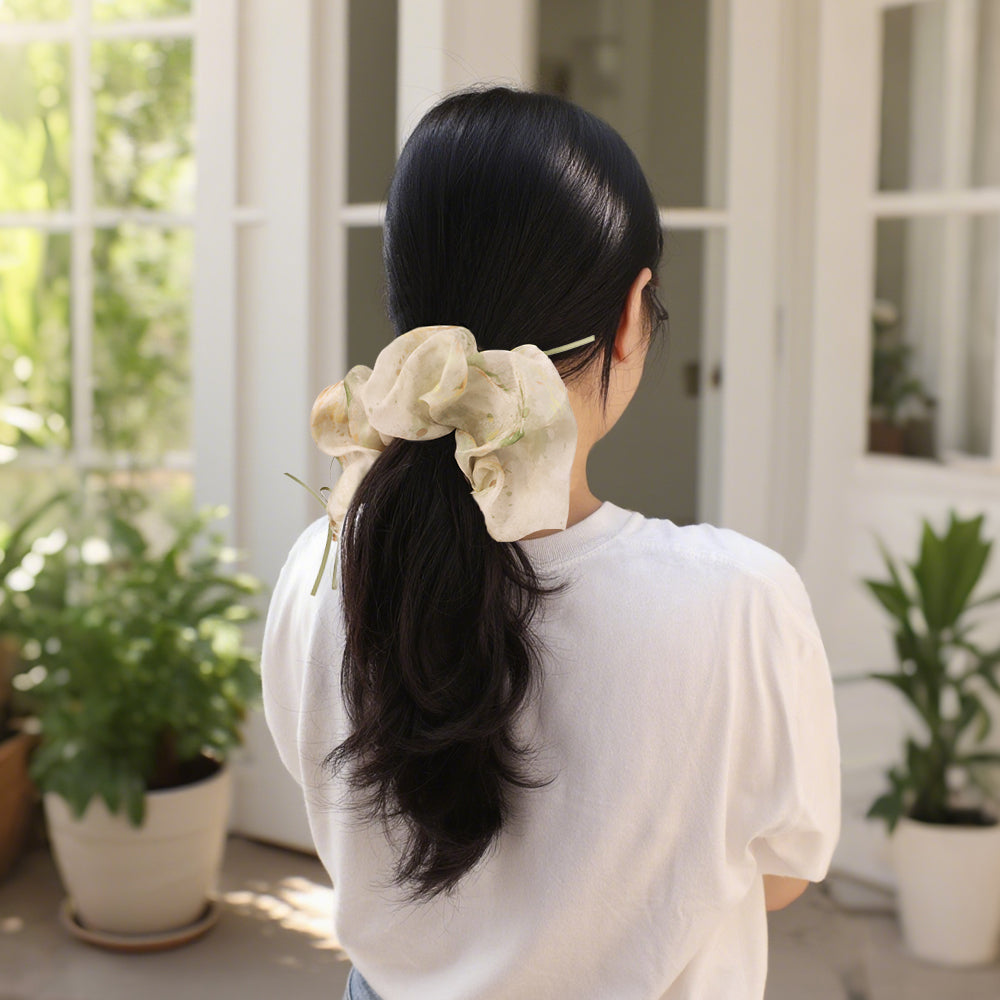 Cute Floral Chiffon Lace Hair Scrunchies | Colorful Hearts / Floral Lace / Pearl Accents