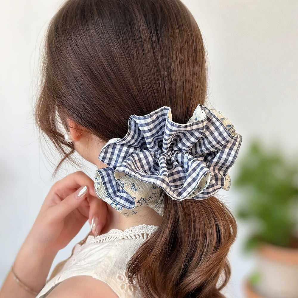 Cute Floral Chiffon Lace Hair Scrunchies | Colorful Hearts / Floral Lace / Pearl Accents