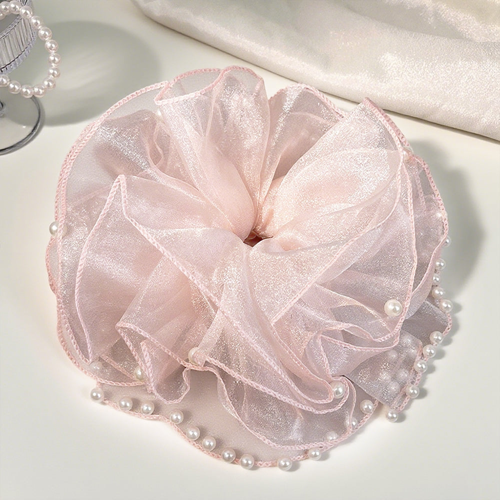 Cute Floral Chiffon Lace Hair Scrunchies | Colorful Hearts / Floral Lace / Pearl Accents