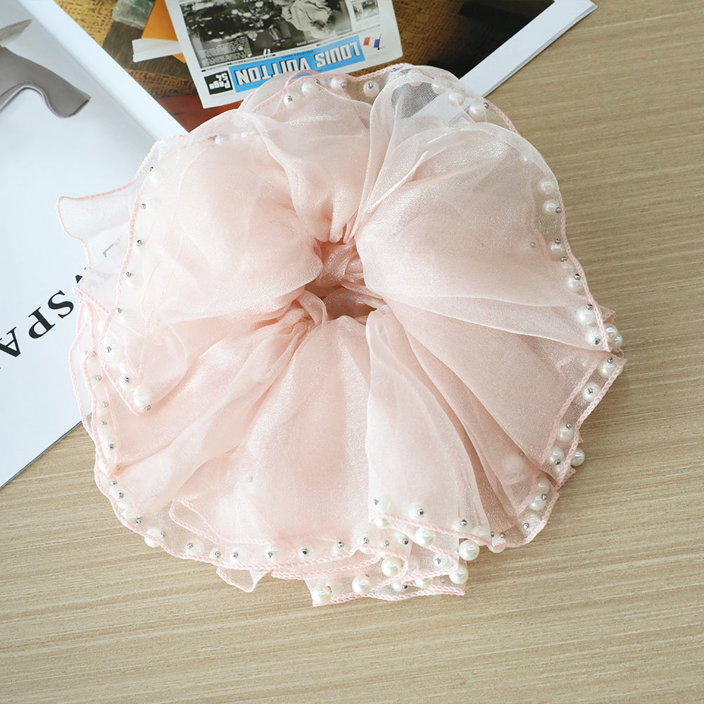 Cute Floral Chiffon Lace Hair Scrunchies | Colorful Hearts / Floral Lace / Pearl Accents