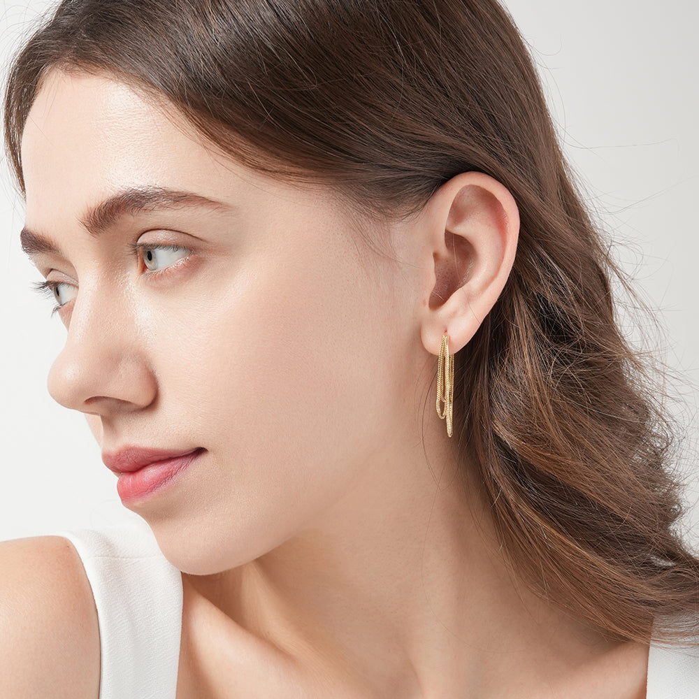 Metallic style three-layer chain tassel earrings