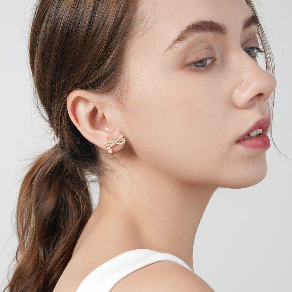 Fashionable 925 silver needle cross mini pearl butterfly earrings