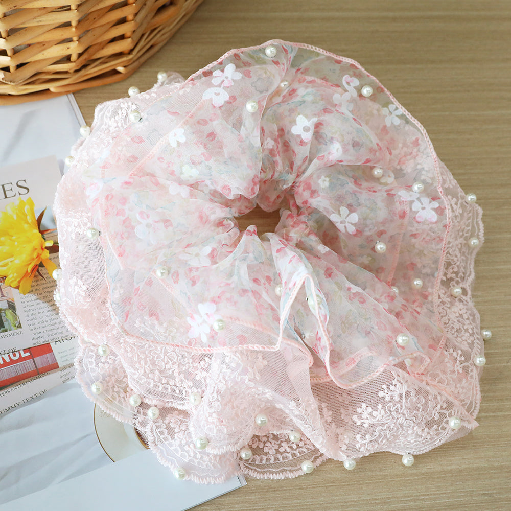 Cute Floral Chiffon Lace Hair Scrunchies | Colorful Hearts / Floral Lace / Pearl Accents