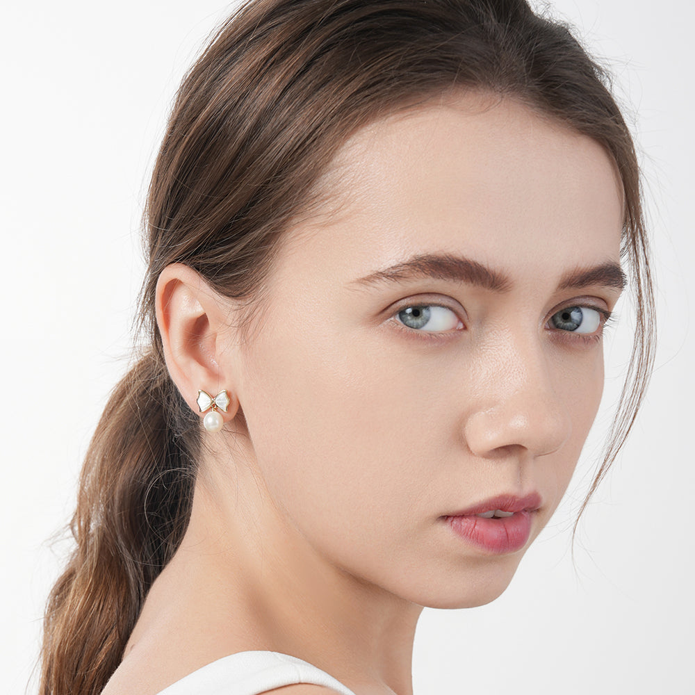 925 silver needle pearl bow temperament light luxury earrings