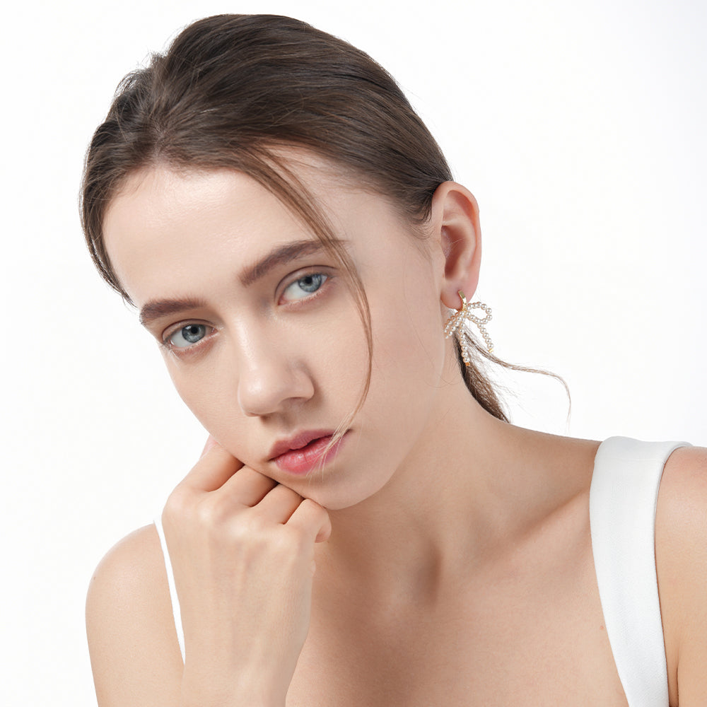 Lady-style bow-knot gentle girl pearl earrings
