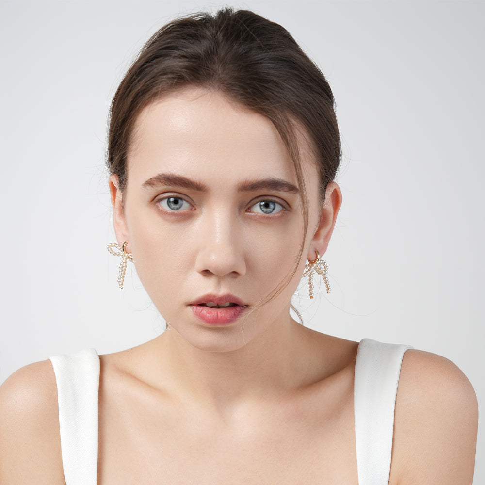 Lady-style bow-knot gentle girl pearl earrings