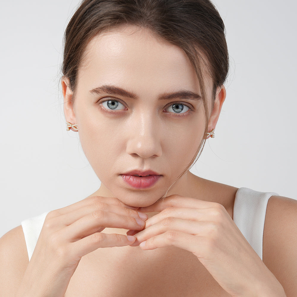 Fashionable 925 silver needle cross mini pearl butterfly earrings