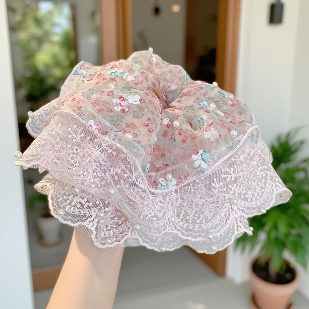 Cute Floral Chiffon Lace Hair Scrunchies | Colorful Hearts / Floral Lace / Pearl Accents