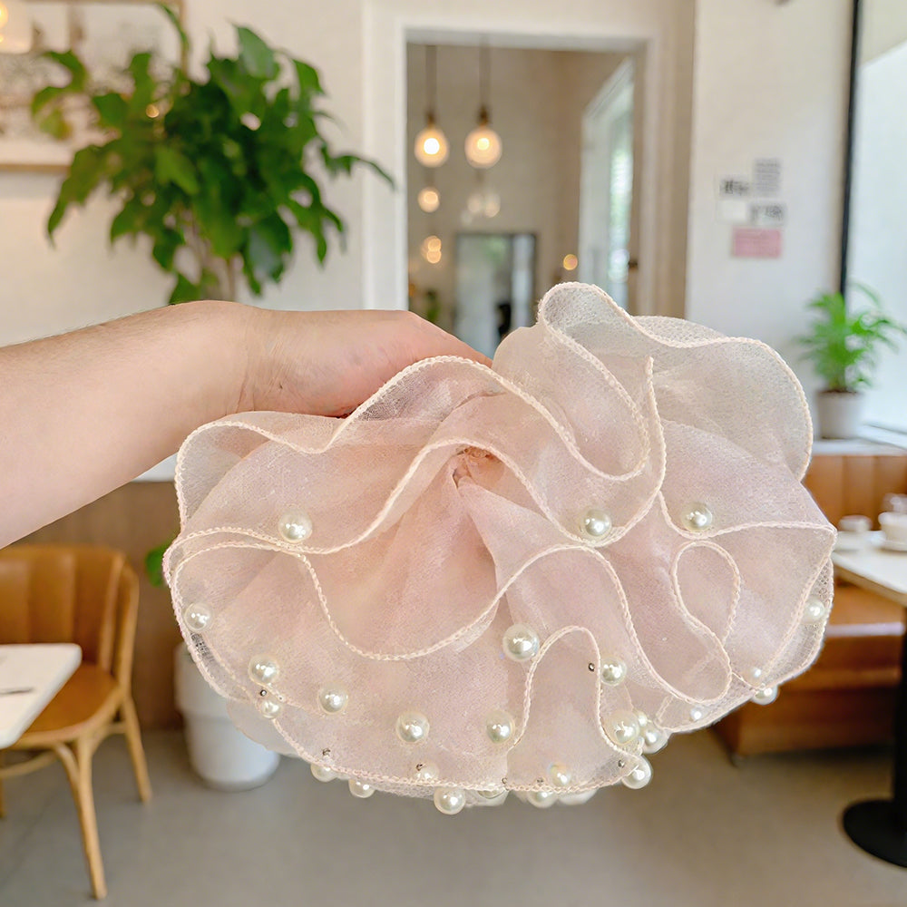 Cute Floral Chiffon Lace Hair Scrunchies | Colorful Hearts / Floral Lace / Pearl Accents