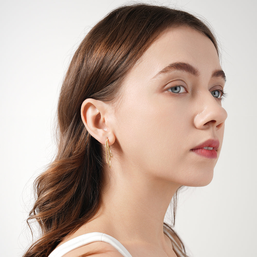 Metallic style three-layer chain tassel earrings