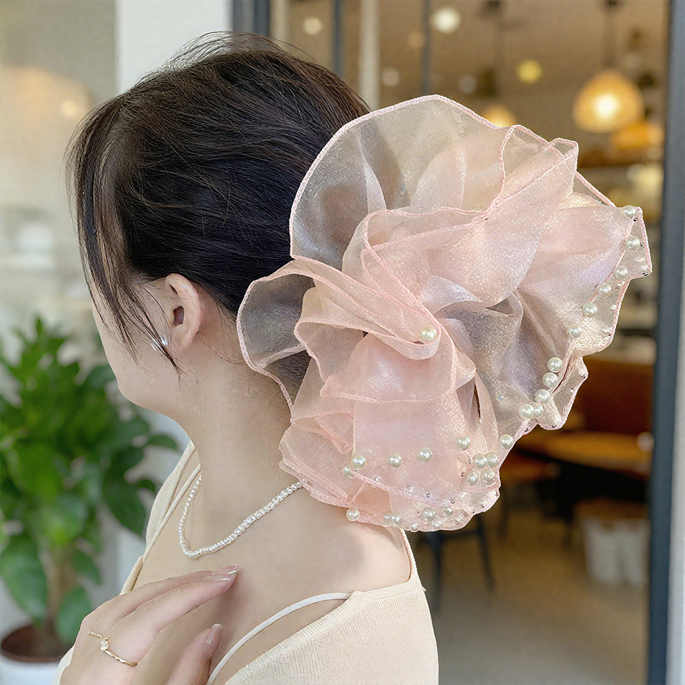 Cute Floral Chiffon Lace Hair Scrunchies | Colorful Hearts / Floral Lace / Pearl Accents