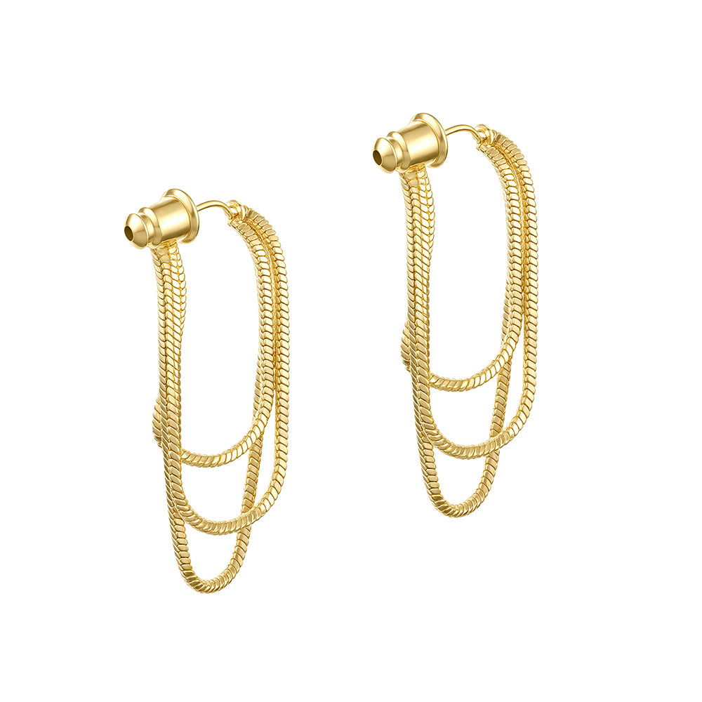 Metallic style three-layer chain tassel earrings