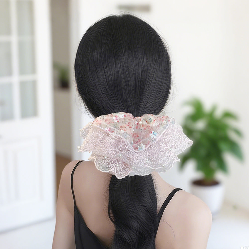 Cute Floral Chiffon Lace Hair Scrunchies | Colorful Hearts / Floral Lace / Pearl Accents