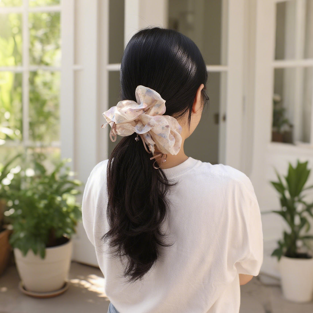 Cute Floral Chiffon Lace Hair Scrunchies | Colorful Hearts / Floral Lace / Pearl Accents