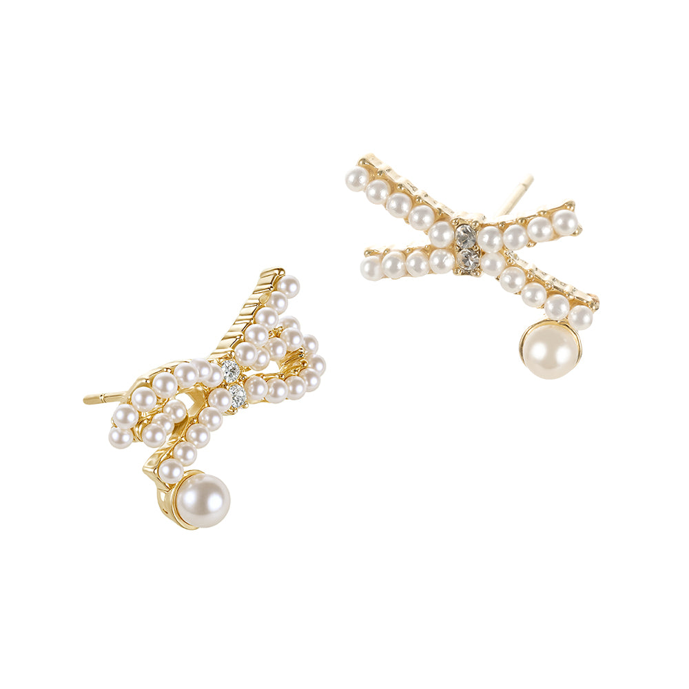 Fashionable 925 silver needle cross mini pearl butterfly earrings
